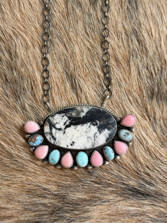 Turquoise, Pink Conch, and White Buffalo Necklace