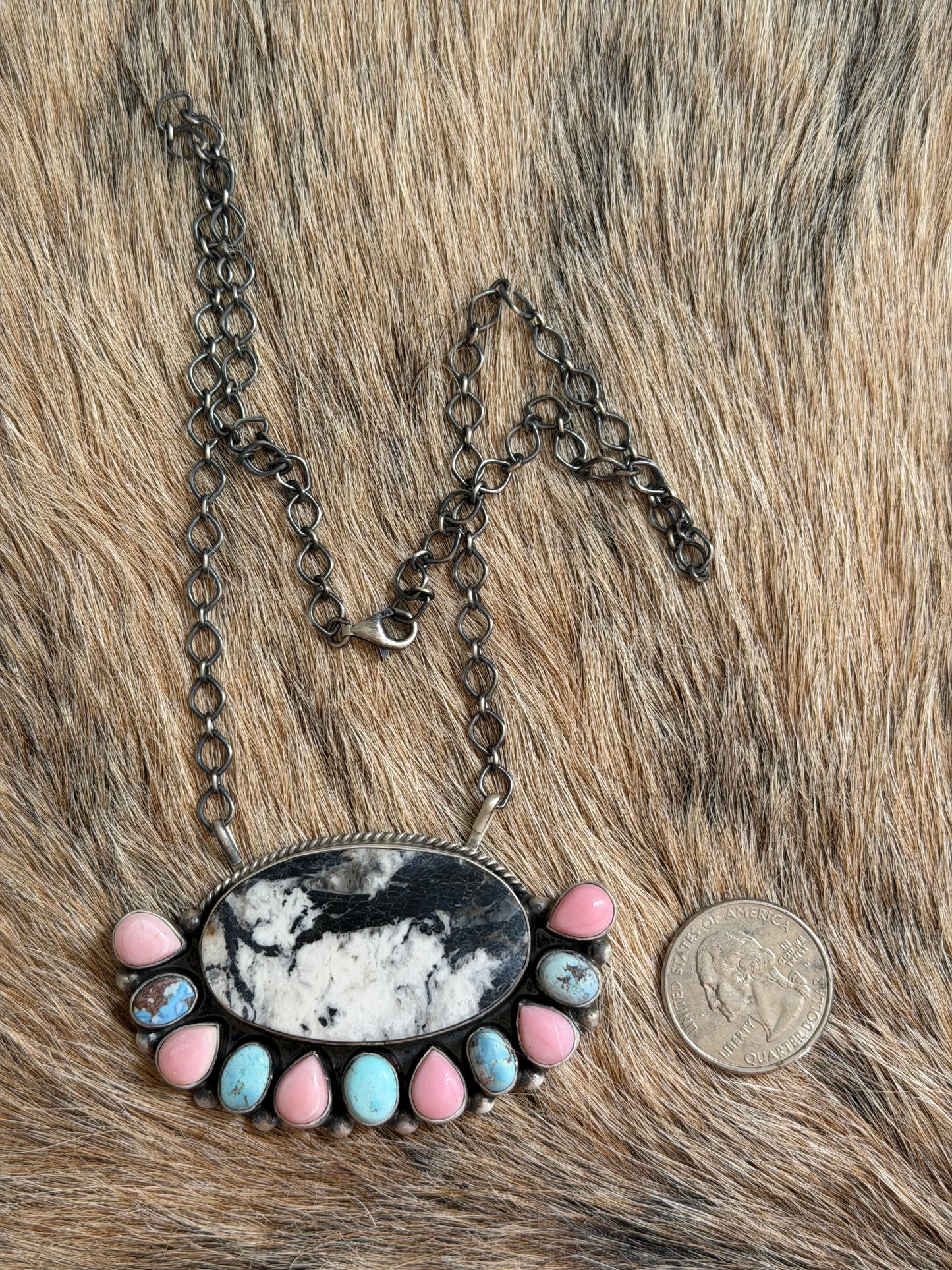 Turquoise, Pink Conch, and White Buffalo Necklace