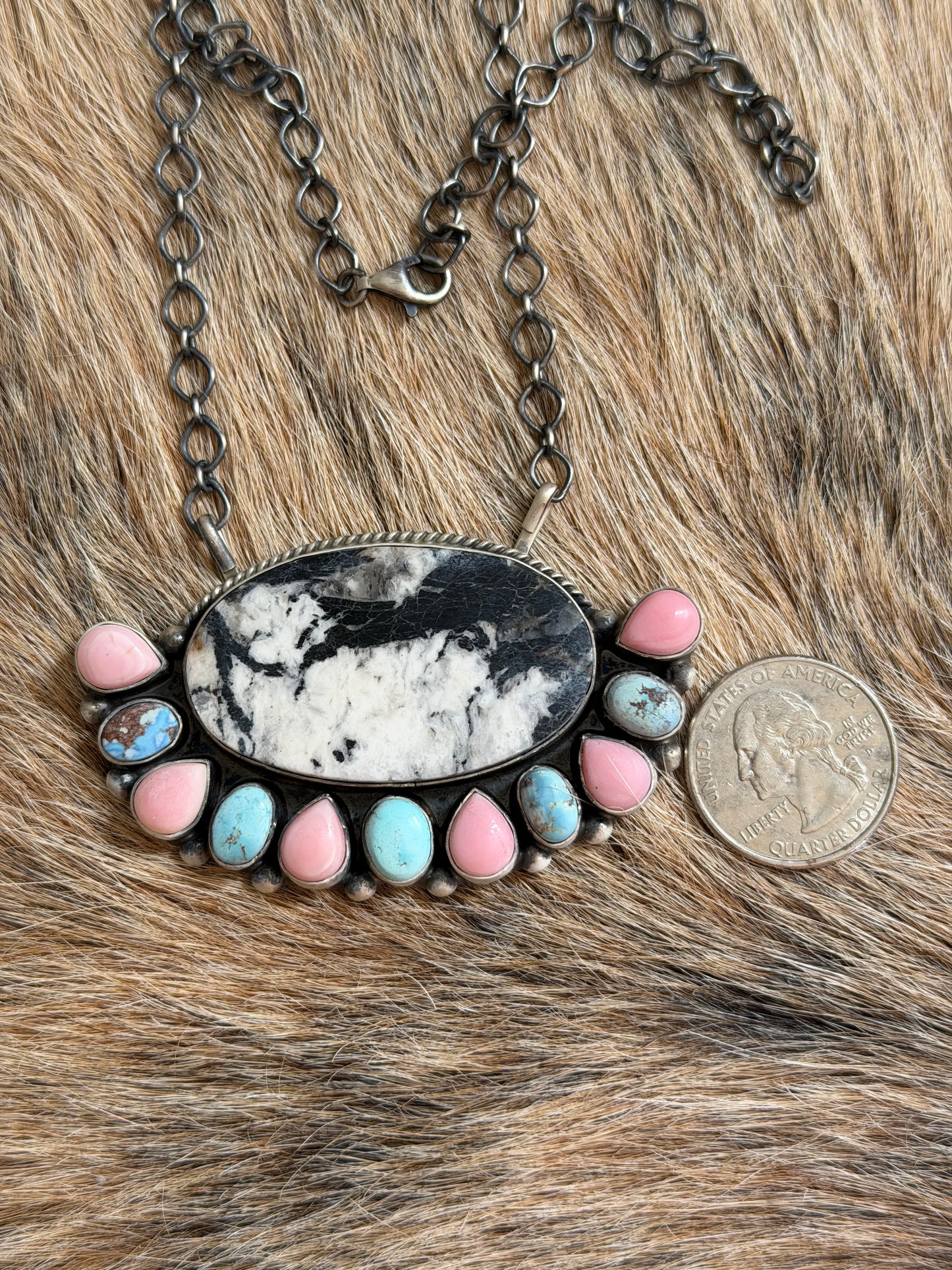 Turquoise, Pink Conch, and White Buffalo Necklace
