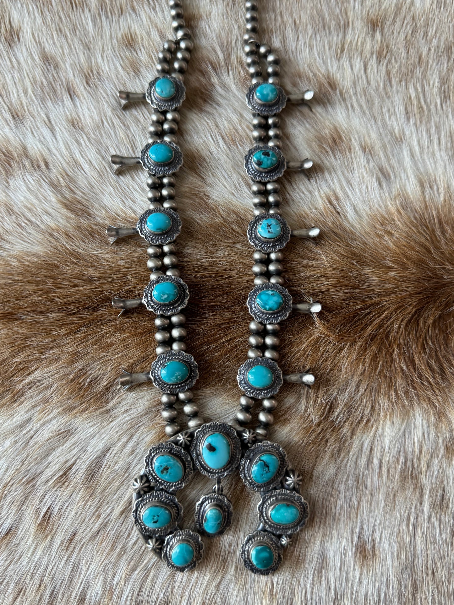 Kingman Turquoise Squash Blossom Necklace with Earrings