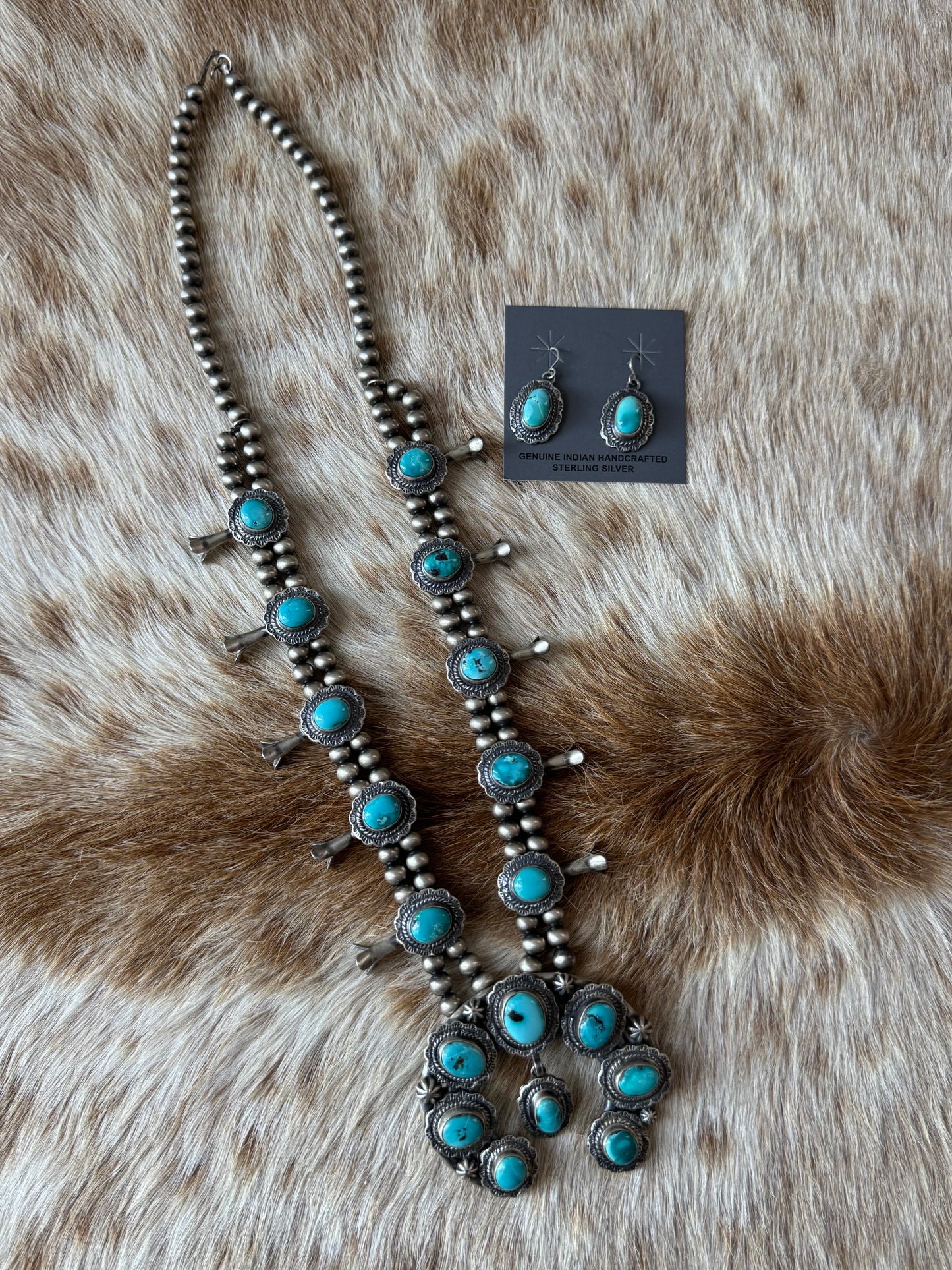 Kingman Turquoise Squash Blossom Necklace with Earrings