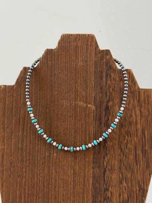 4mm Freshwater Pearl and Turquoise Necklace