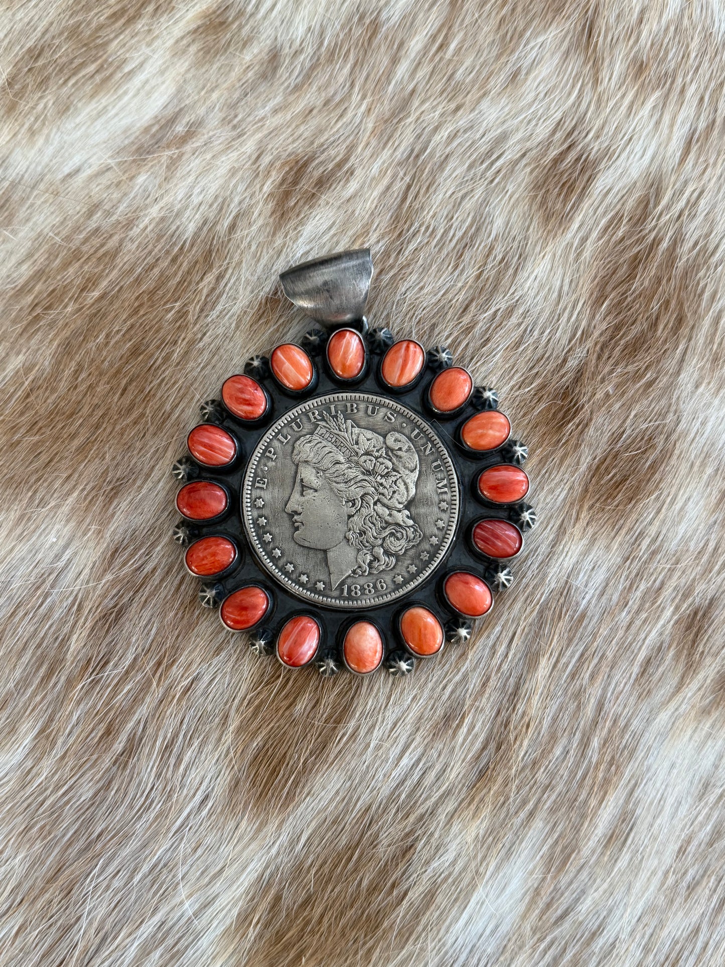 Red Spiny Oyster Shell Morgan Silver Dollar Pendant