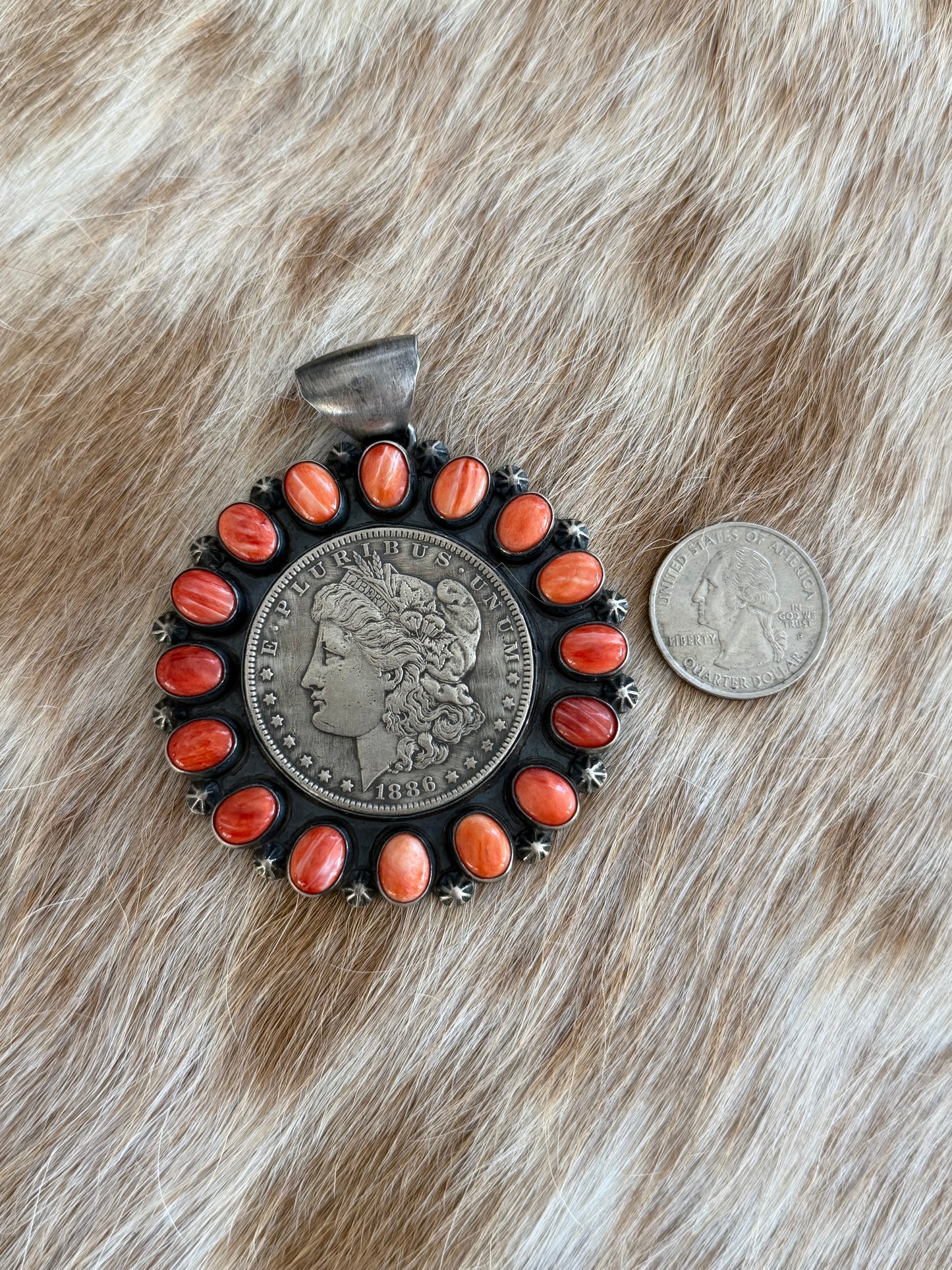 Red Spiny Oyster Shell Morgan Silver Dollar Pendant