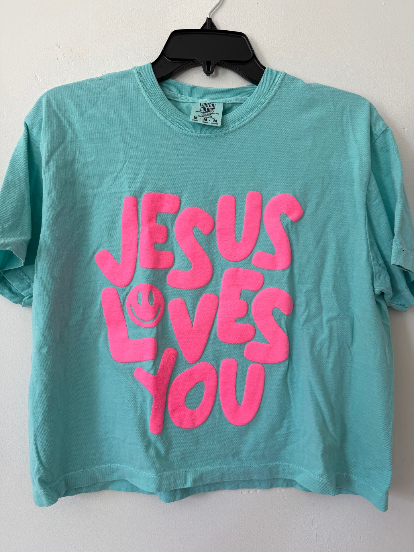 Smiley Jesus Loves You Puff Cropped Tee