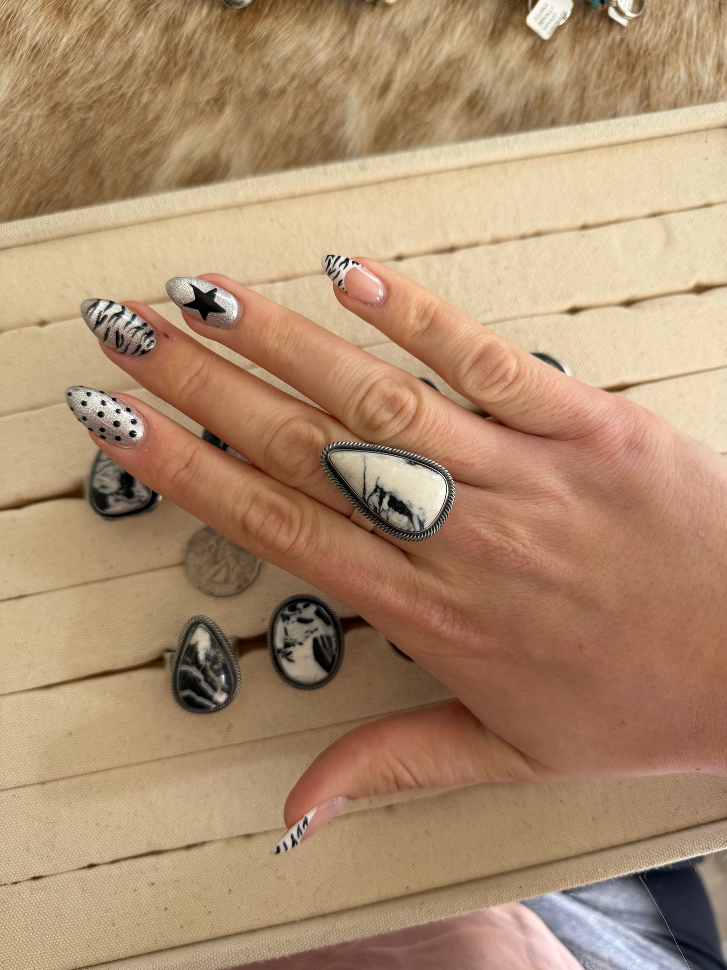 Adjustable Wide Band White Buffalo Ring