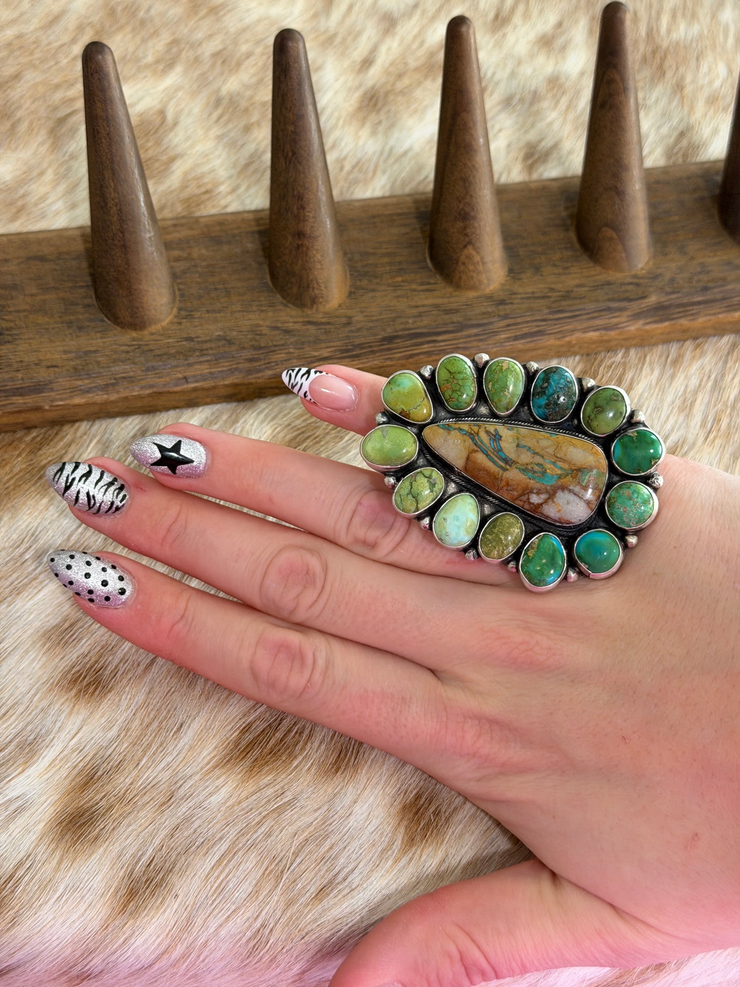LARGE Size 6 ELLA PETER Sonoran Gold and Royston Ribbon Turquoise Cluster Ring