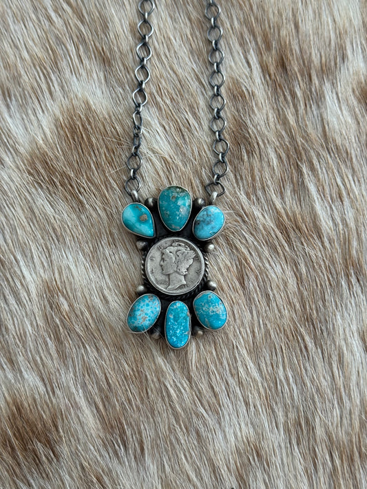 White Water Turquoise Liberty Coin Cluster Necklace