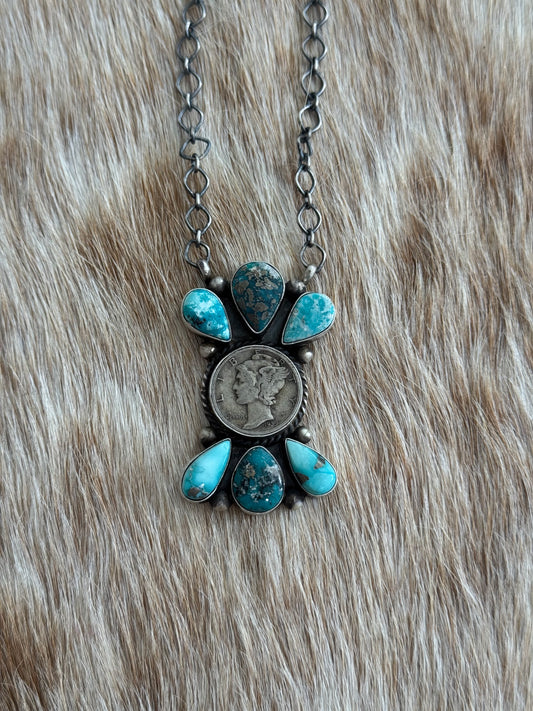 White Water Turquoise Liberty Coin Cluster Necklace