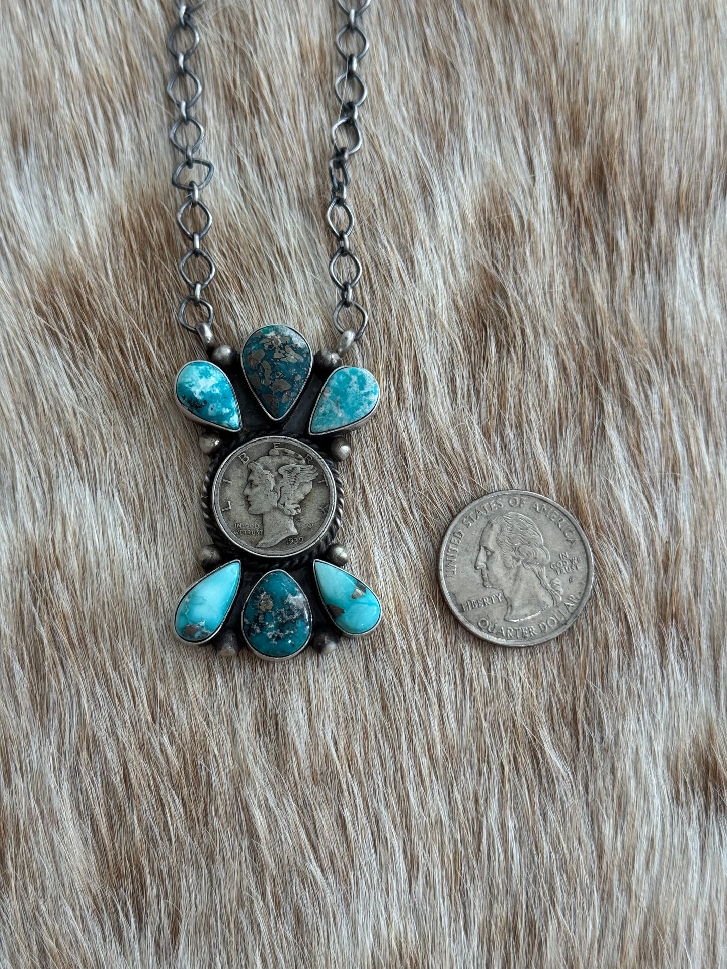 White Water Turquoise Liberty Coin Cluster Necklace