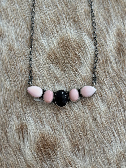 Black Onyx and Pink Conch Cluster Bar Necklace