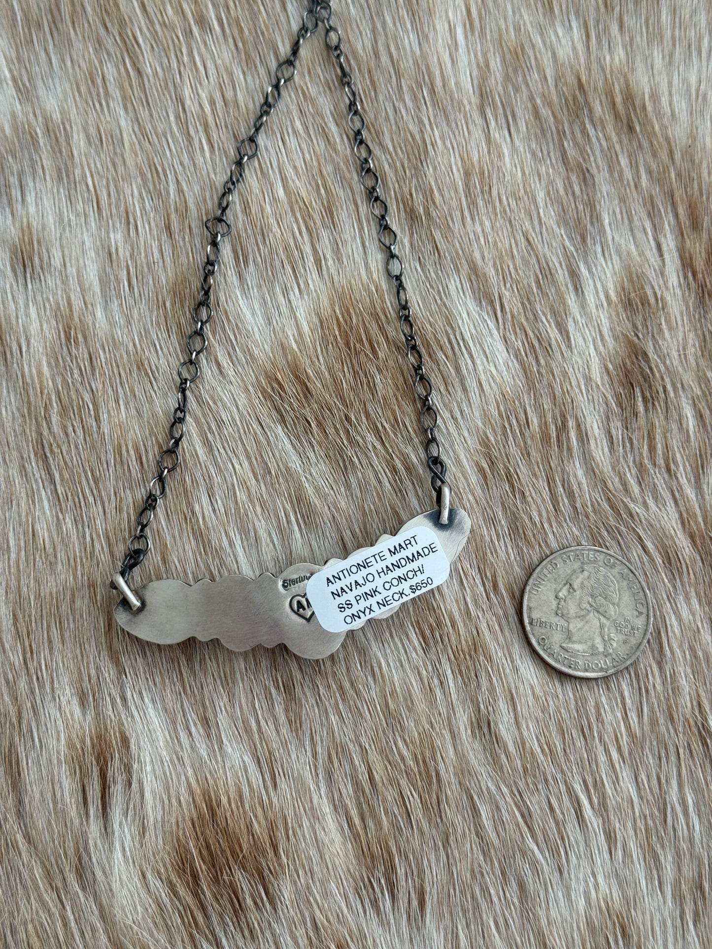 Black Onyx and Pink Conch Cluster Bar Necklace