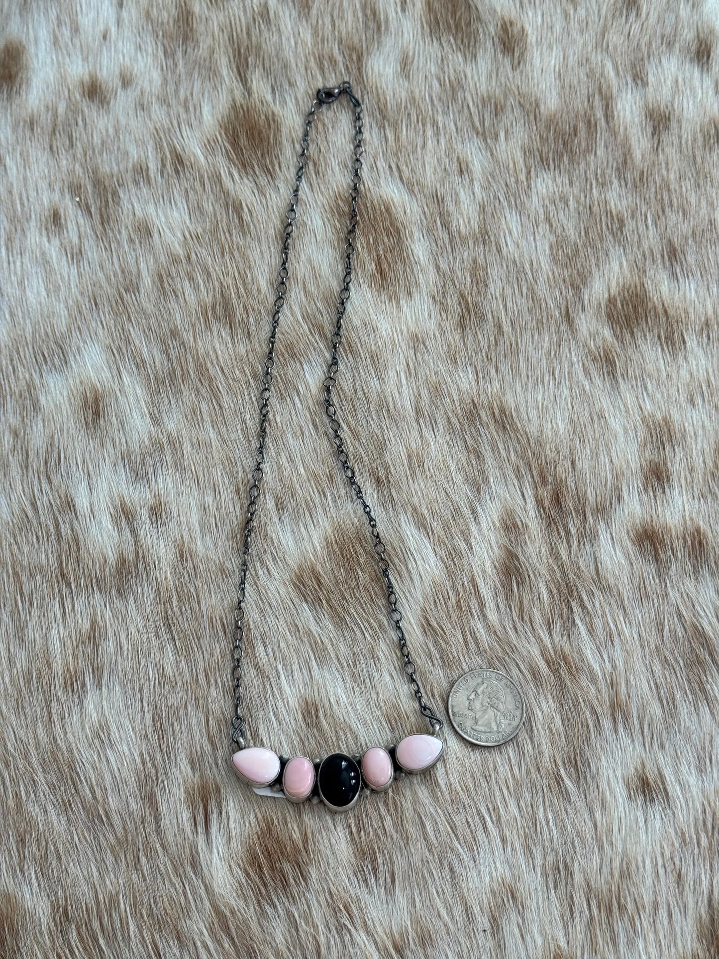 Black Onyx and Pink Conch Cluster Bar Necklace