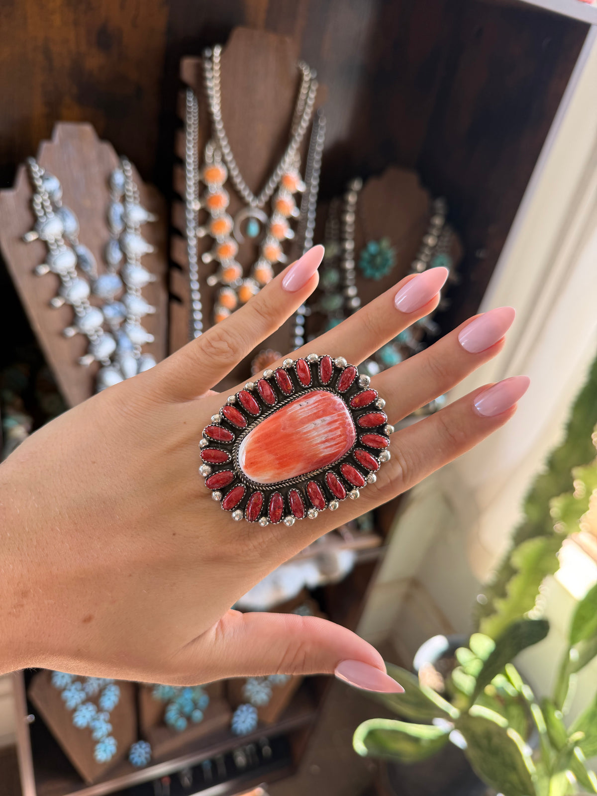 HUGE Red Spiny Oyster Shell and Red Coral Adjustable Statement Ring