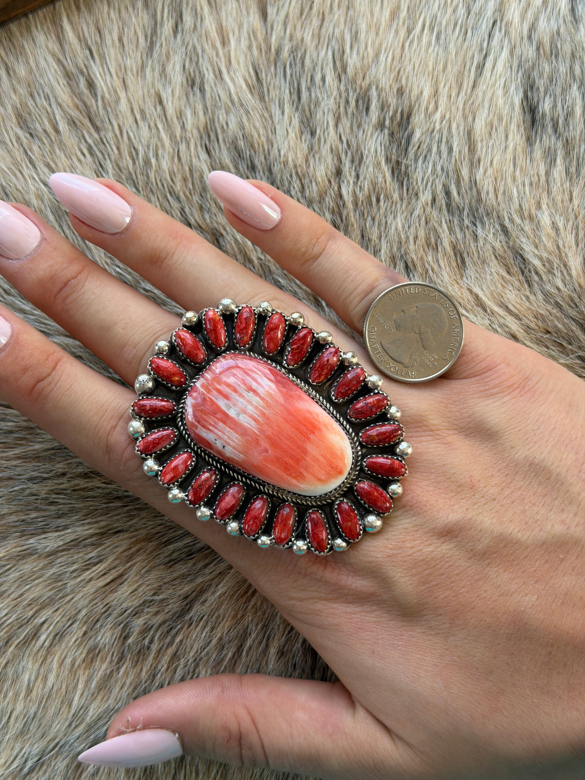 HUGE Red Spiny Oyster Shell and Red Coral Adjustable Statement Ring