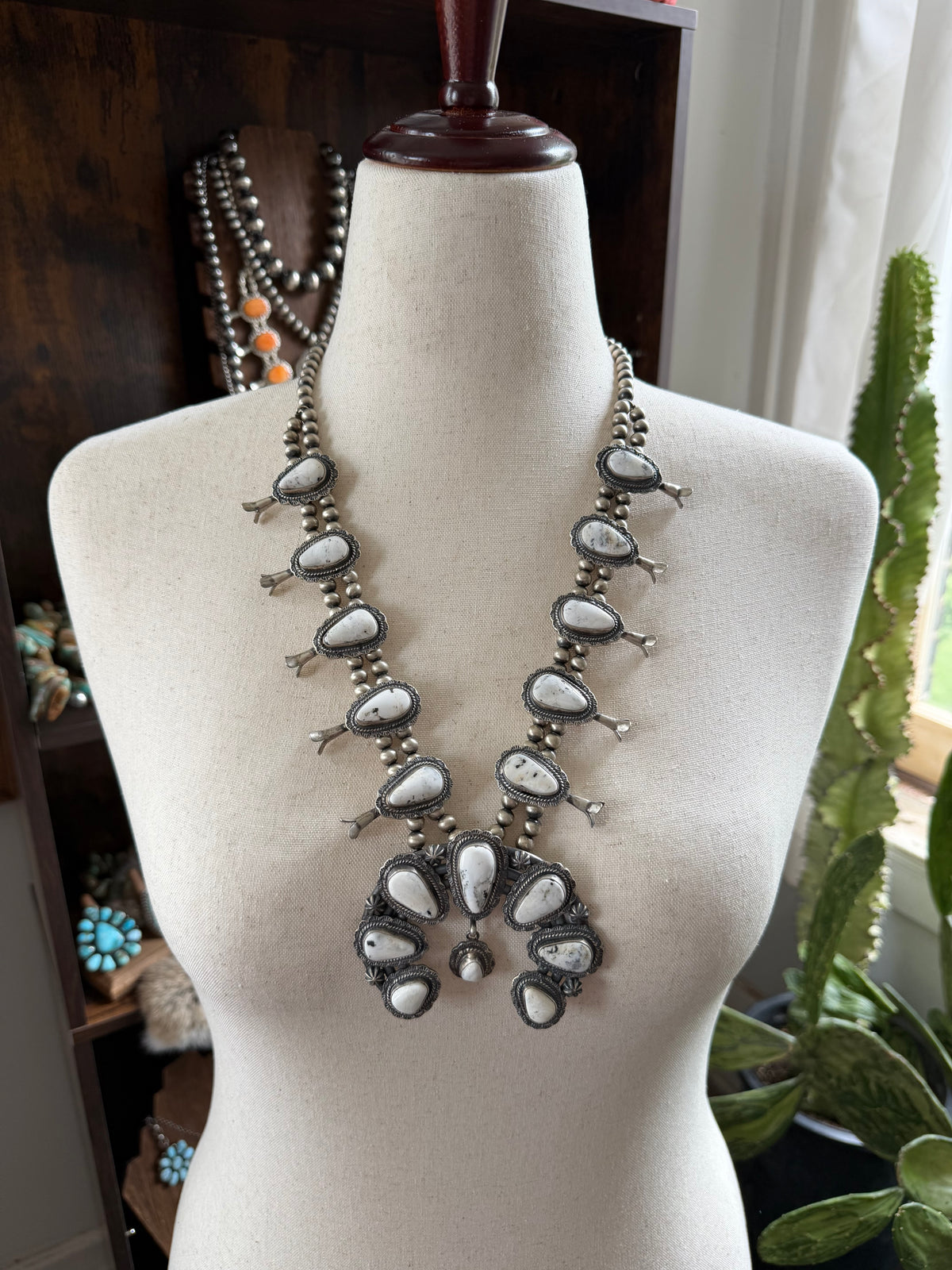 White Buffalo Squash Blossom Necklace with Earrings