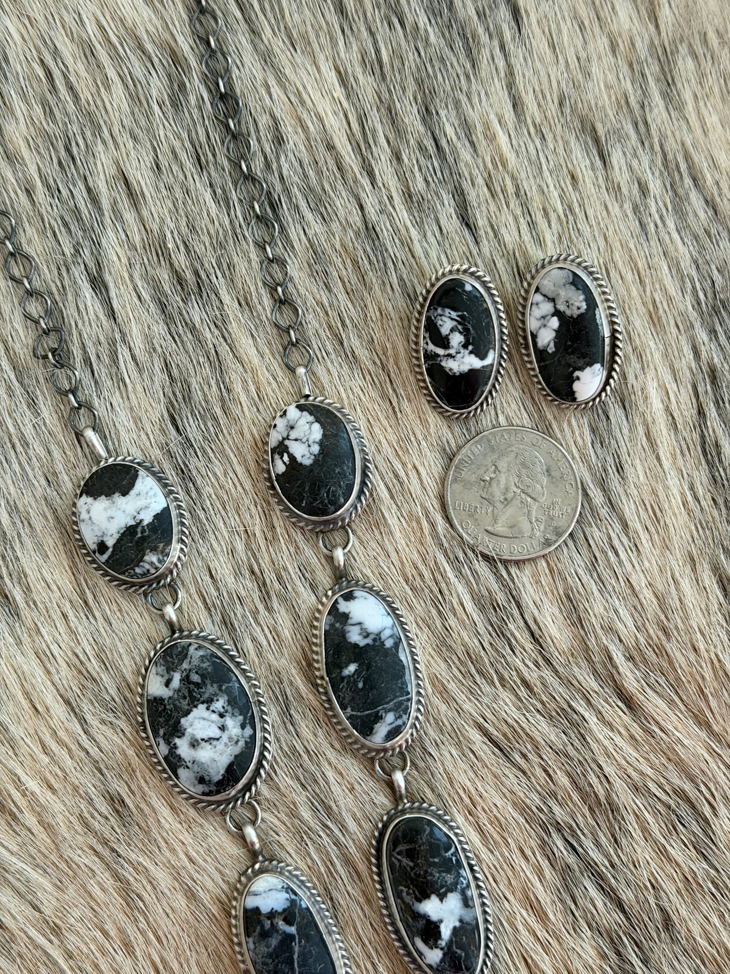 White Buffalo Lariat Necklace and Earrings Set