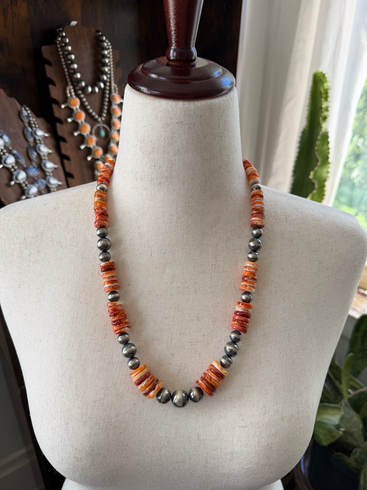 25.5” Orange Spiny Oyster Shell Statement Necklace