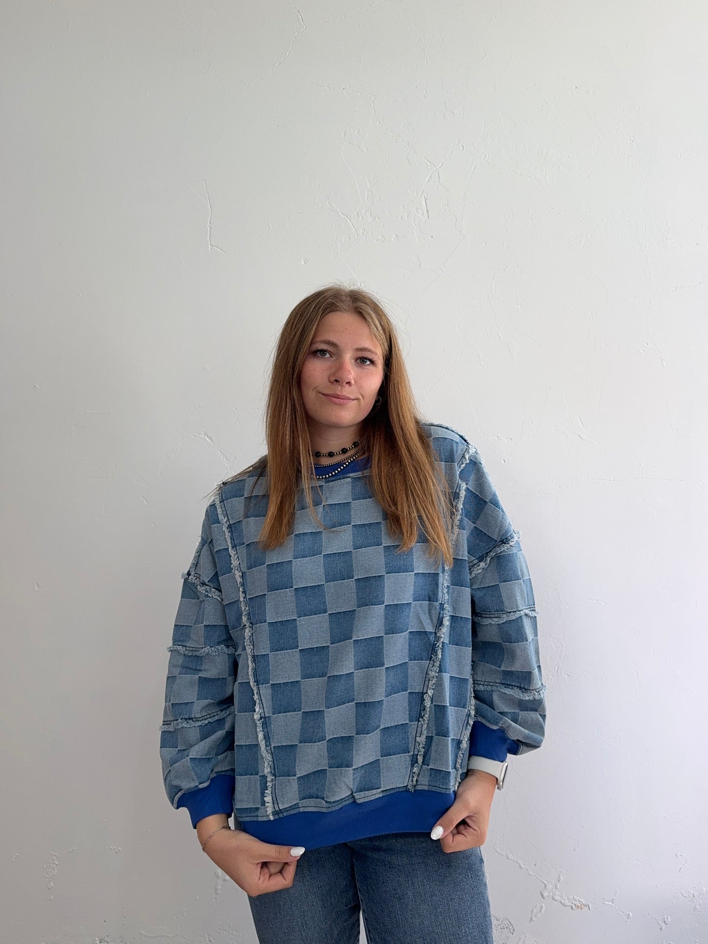 Blue Denim Checkered Crewneck Sweatshirt