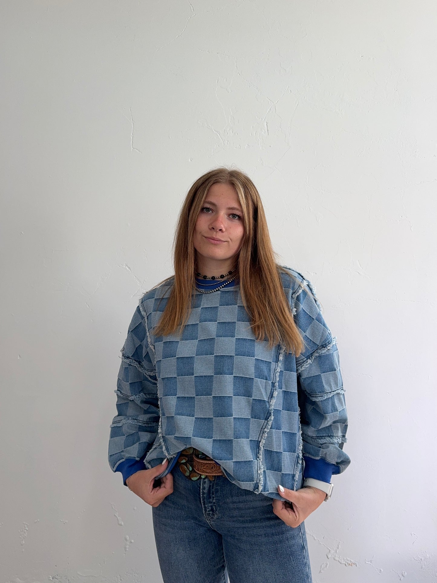 Blue Denim Checkered Crewneck Sweatshirt