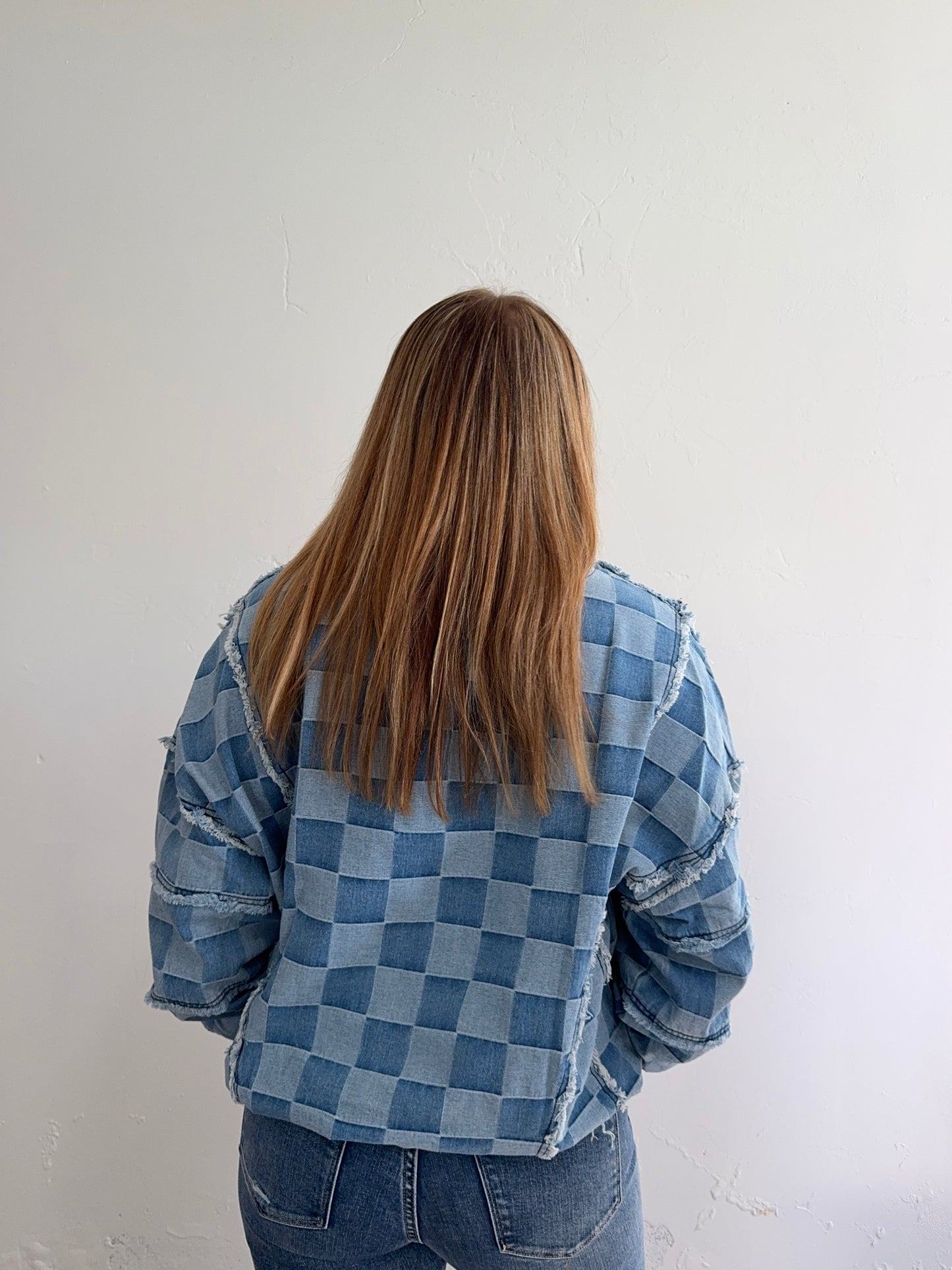 Blue Denim Checkered Crewneck Sweatshirt
