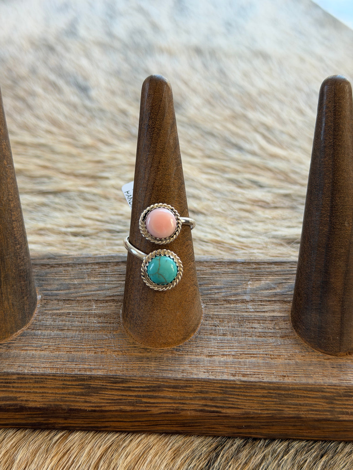 Pink Conch and Turquoise Adjustable Wrap Ring