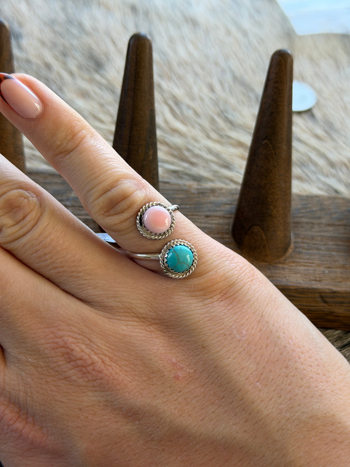Pink Conch and Turquoise Adjustable Wrap Ring