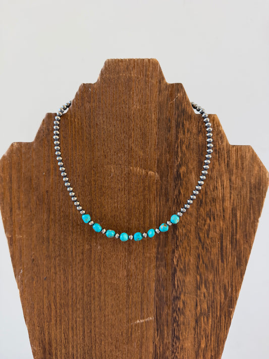 14" 4mm Sterling Pearl and Turquoise Necklace