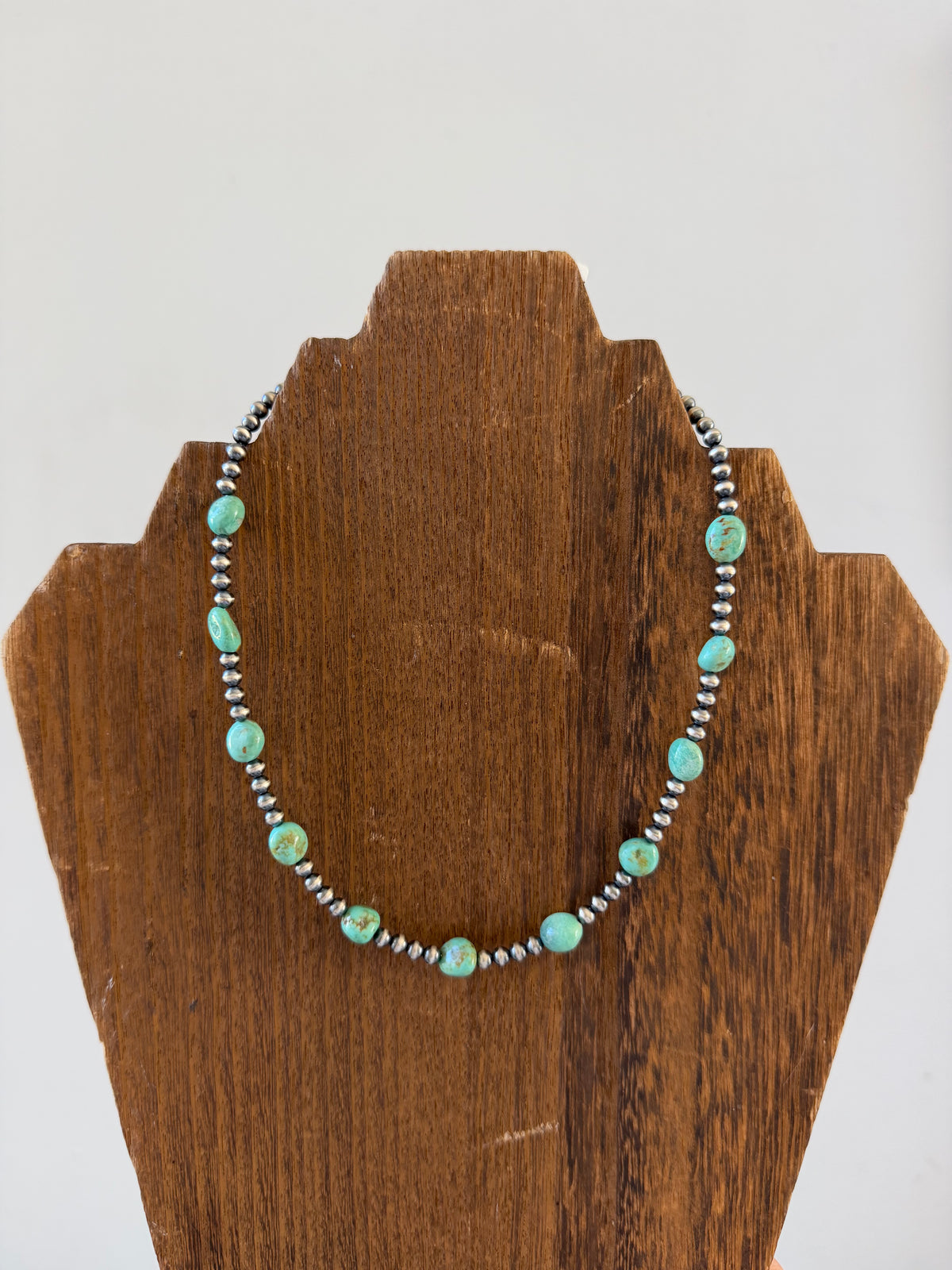 15.5" 4mm Sterling Pearl and Green Turquoise Necklace