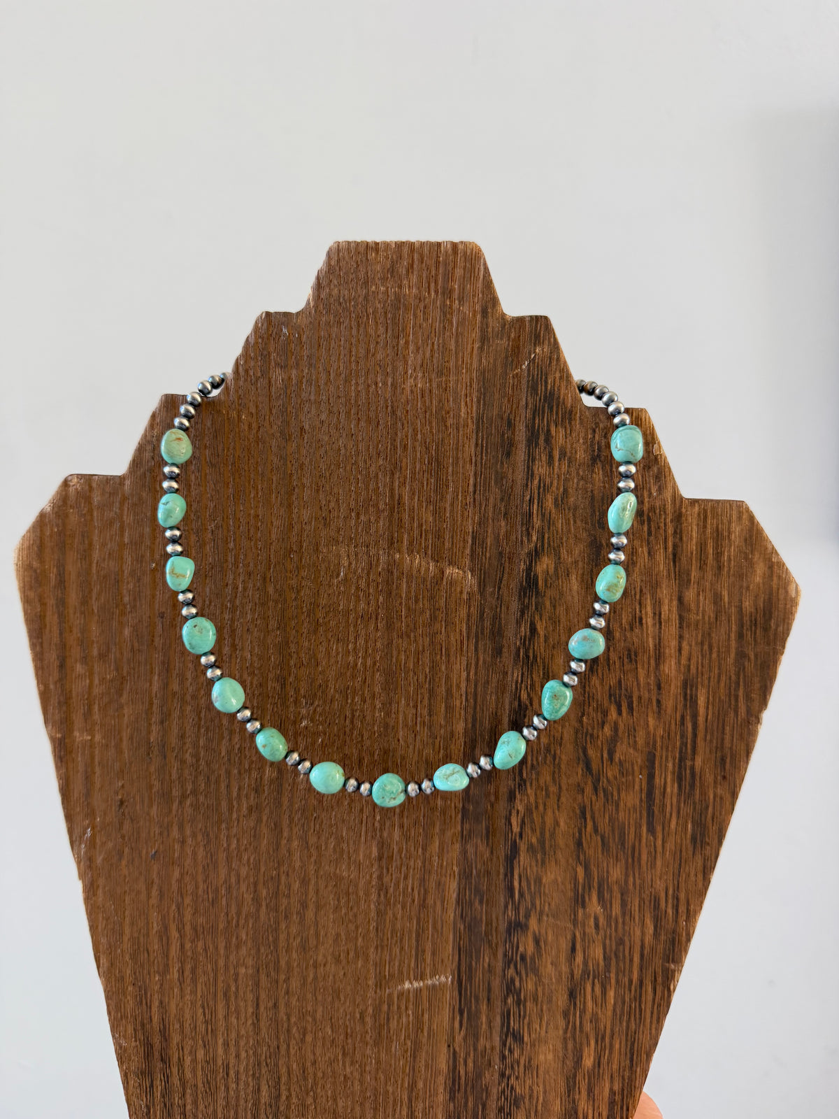 15.5" 4mm Sterling Pearl and Green Turquoise Necklace