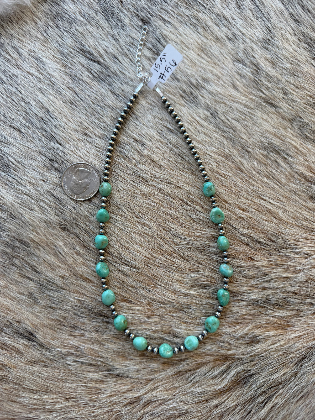 15.5" 4mm Sterling Pearl and Green Turquoise Necklace