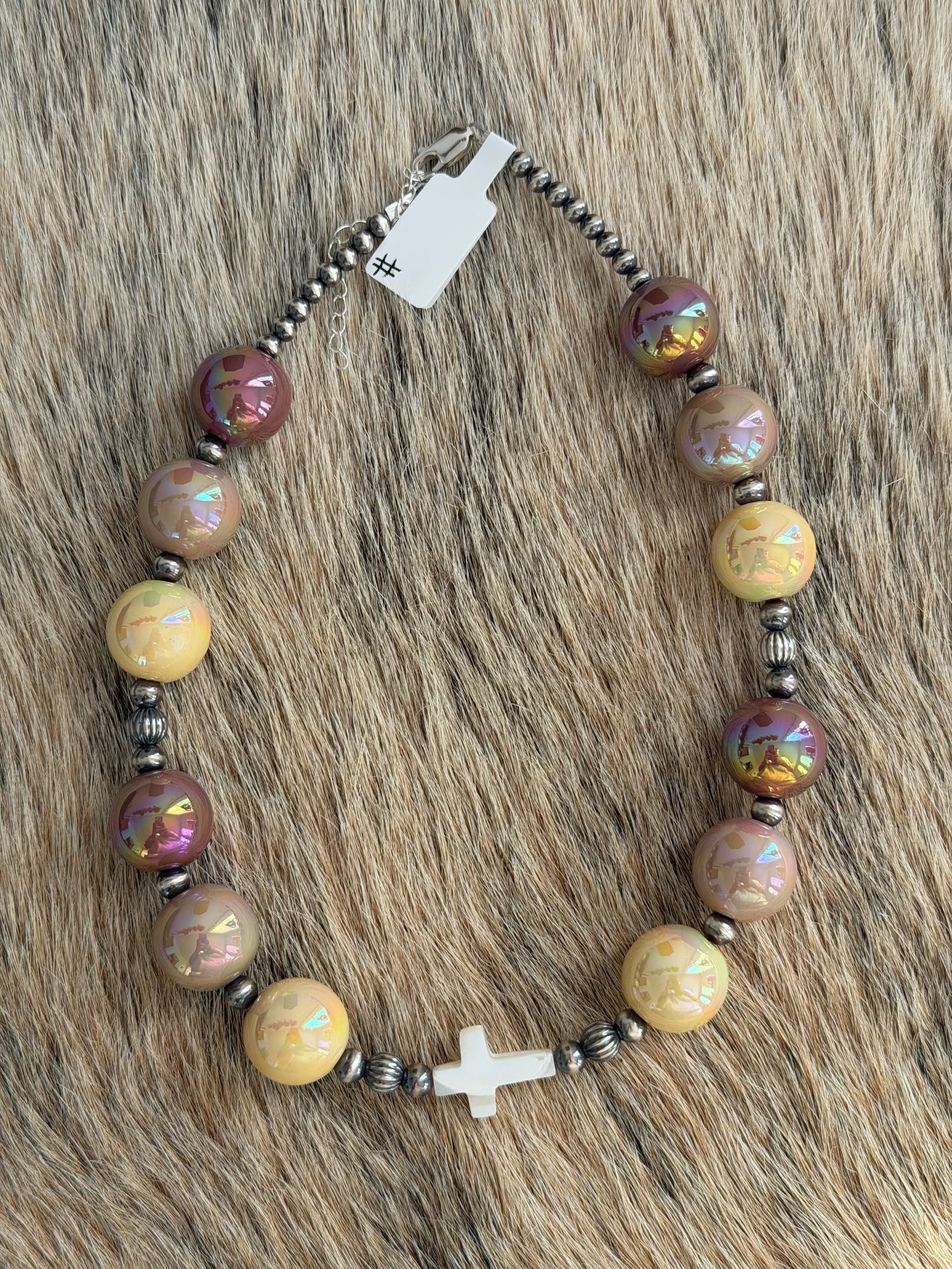15" Brown and Yellow Chunky Cross Necklace