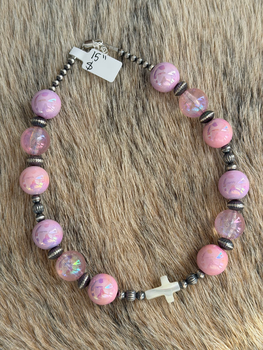 15" Pink Chunky Cross Necklace