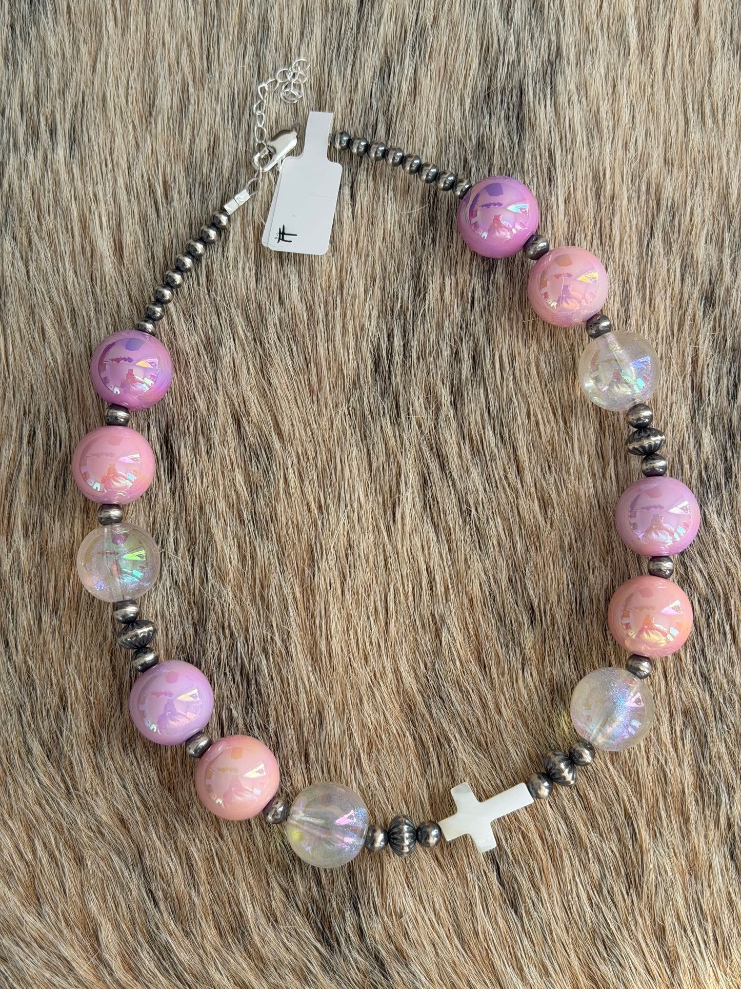 15" Pink Chunky Cross Necklace