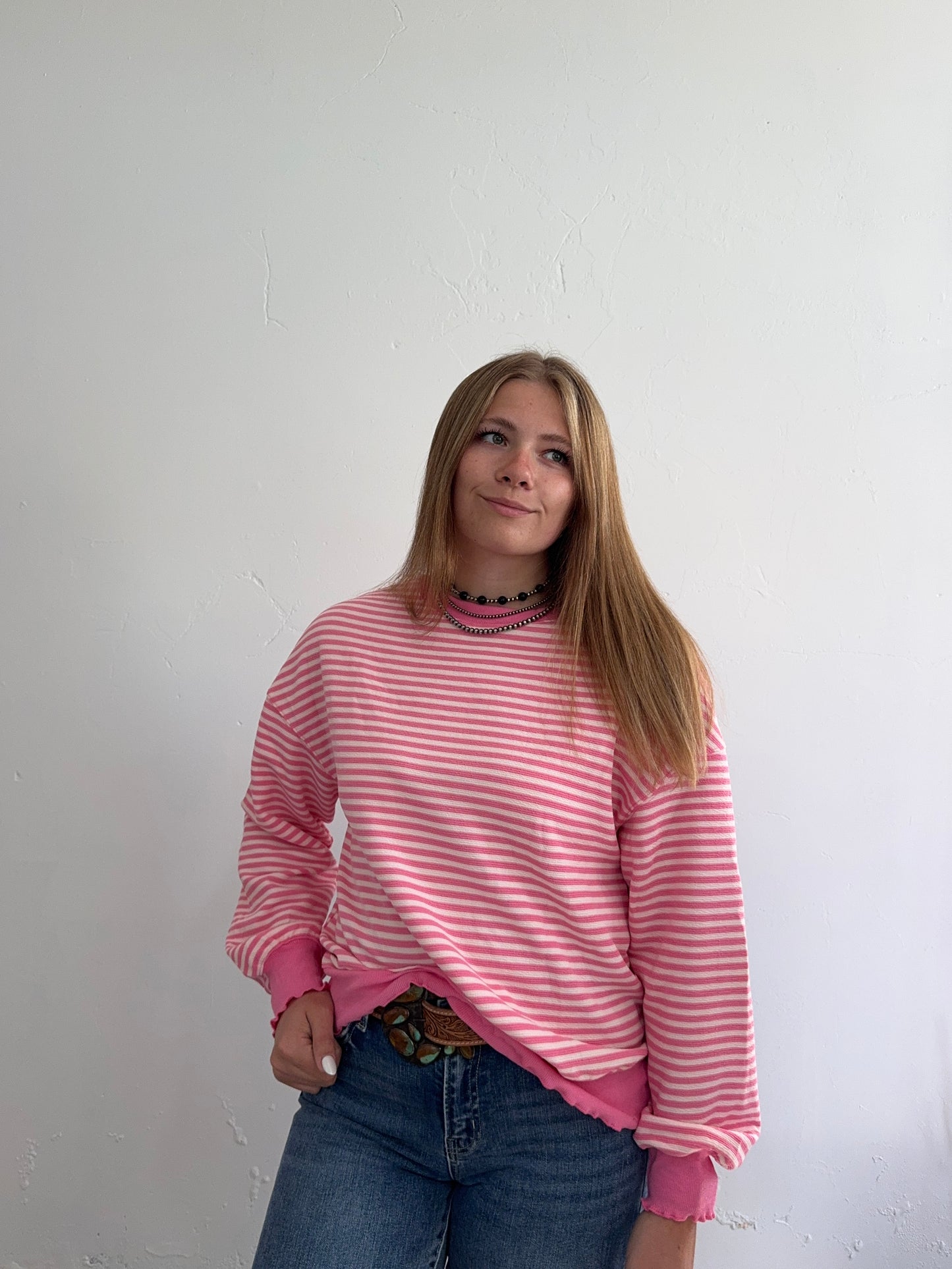 Pink Striped Crewneck Sweatshirt