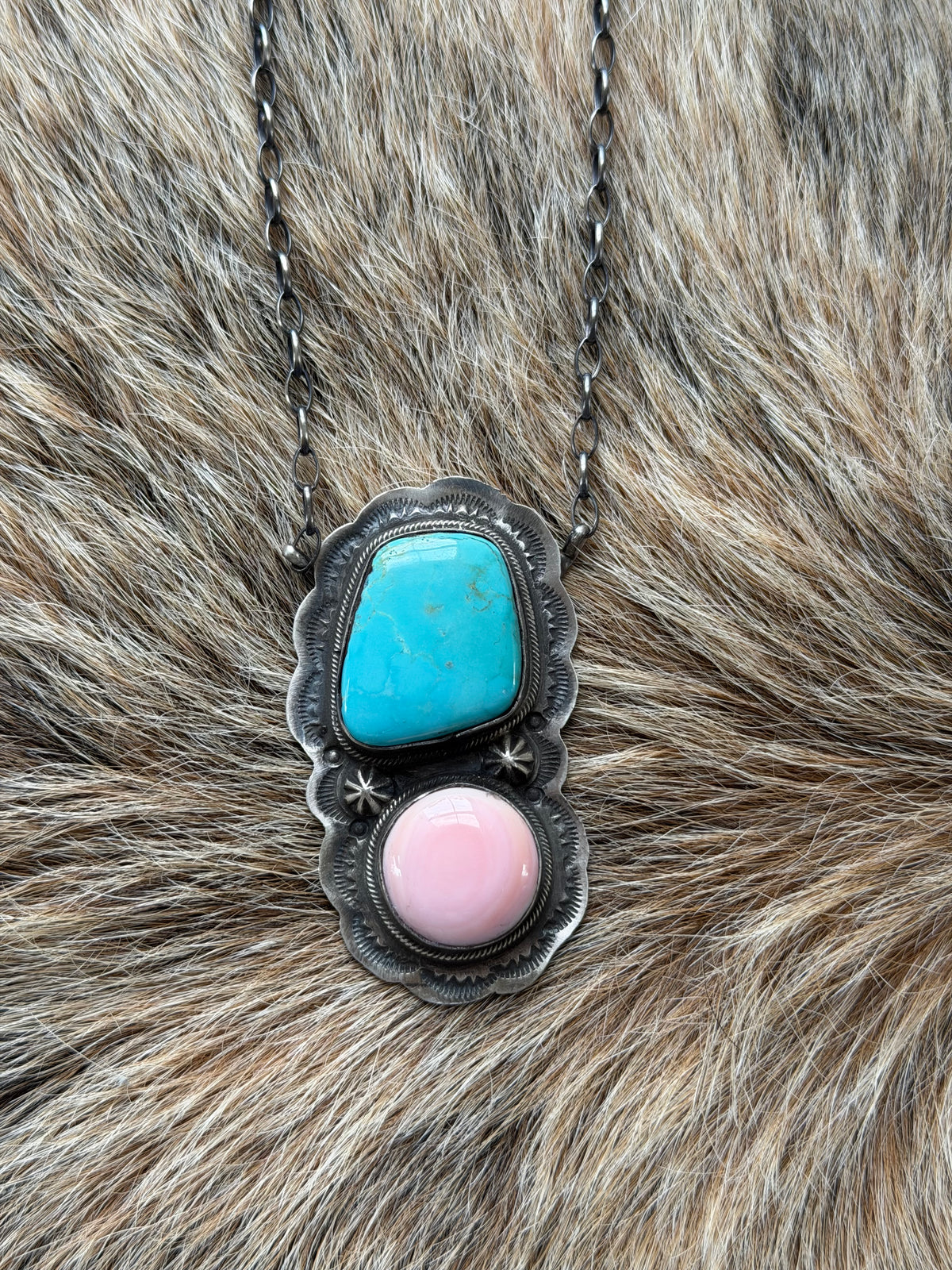 Pink Conch and Kingman Turquoise Two Stone Necklace