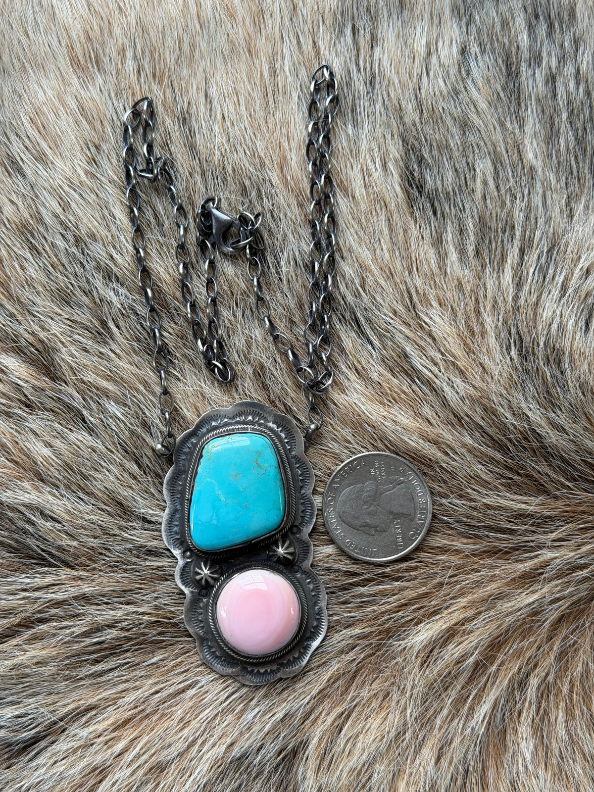 Pink Conch and Kingman Turquoise Two Stone Necklace