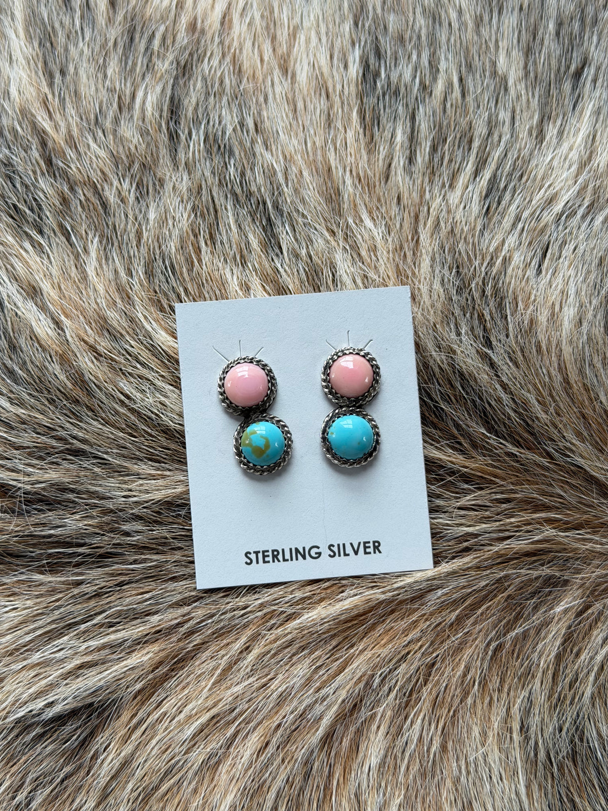 Pink Conch and Kingman Turquoise Two Stone Earrings