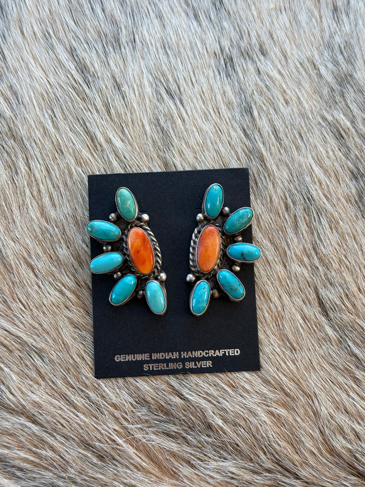 Turquoise and Orange Spiny Cluster Earrings
