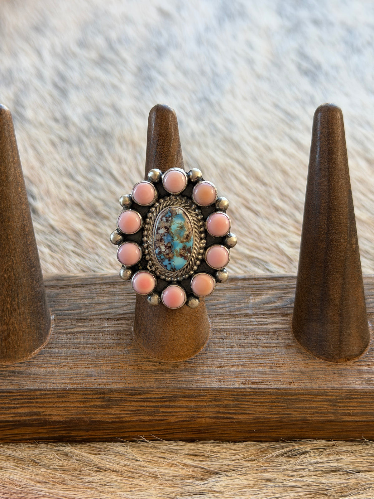 Adjustable Size 6-9 Pink Conch and Golden Hills Turquoise Cluster Ring