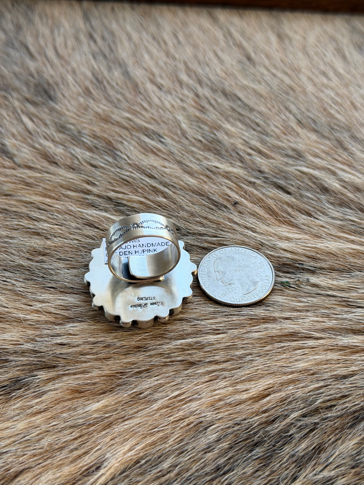 Adjustable Size 6-9 Pink Conch and Golden Hills Turquoise Cluster Ring