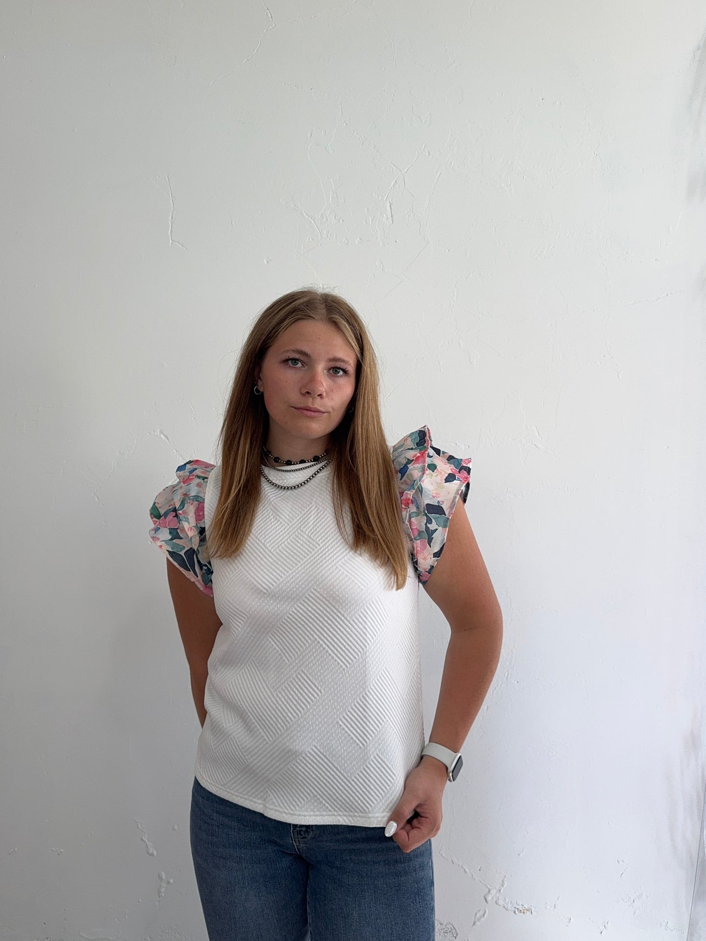 White and Floral Ruffle Sleeve Top
