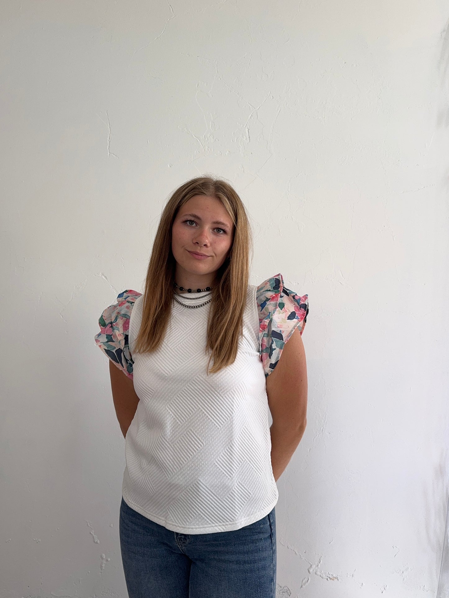 White and Floral Ruffle Sleeve Top
