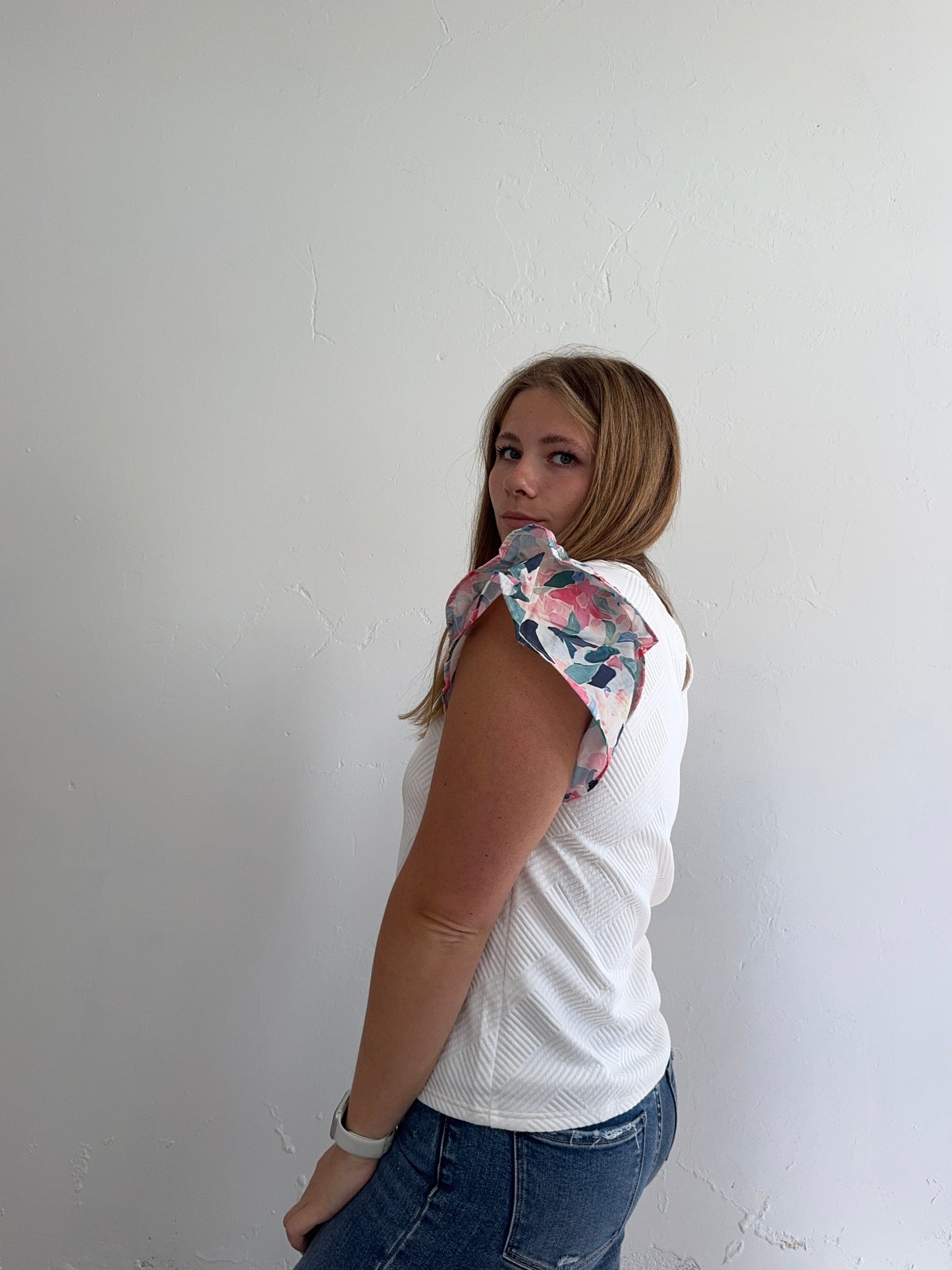 White and Floral Ruffle Sleeve Top