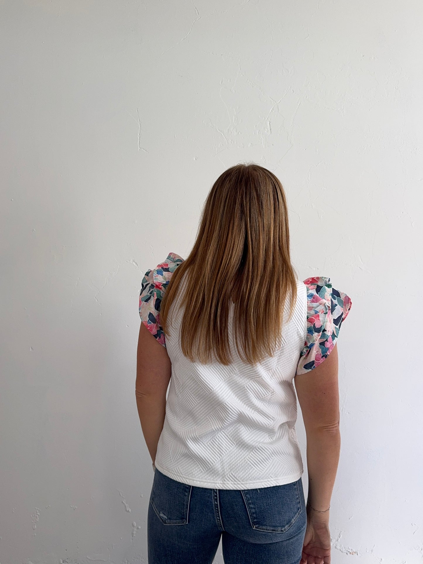 White and Floral Ruffle Sleeve Top