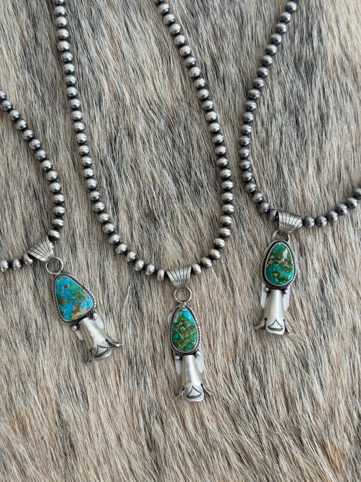5mm 16" Sterling Pearls w/ Sonoran Gold Turquoise Squash Blossom Pendant