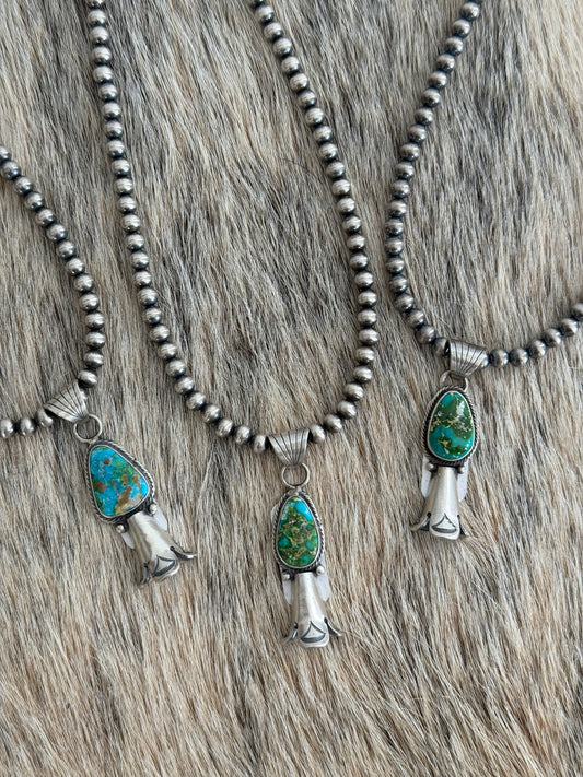 5mm 16" Sterling Pearls w/ Sonoran Gold Turquoise Squash Blossom Pendant