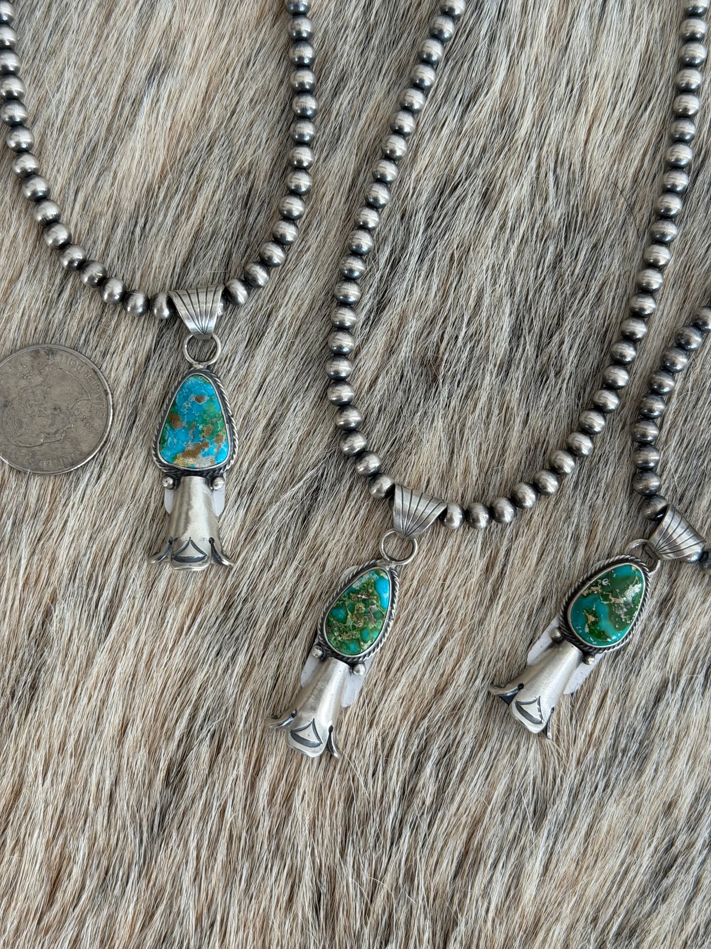 5mm 16" Sterling Pearls w/ Sonoran Gold Turquoise Squash Blossom Pendant