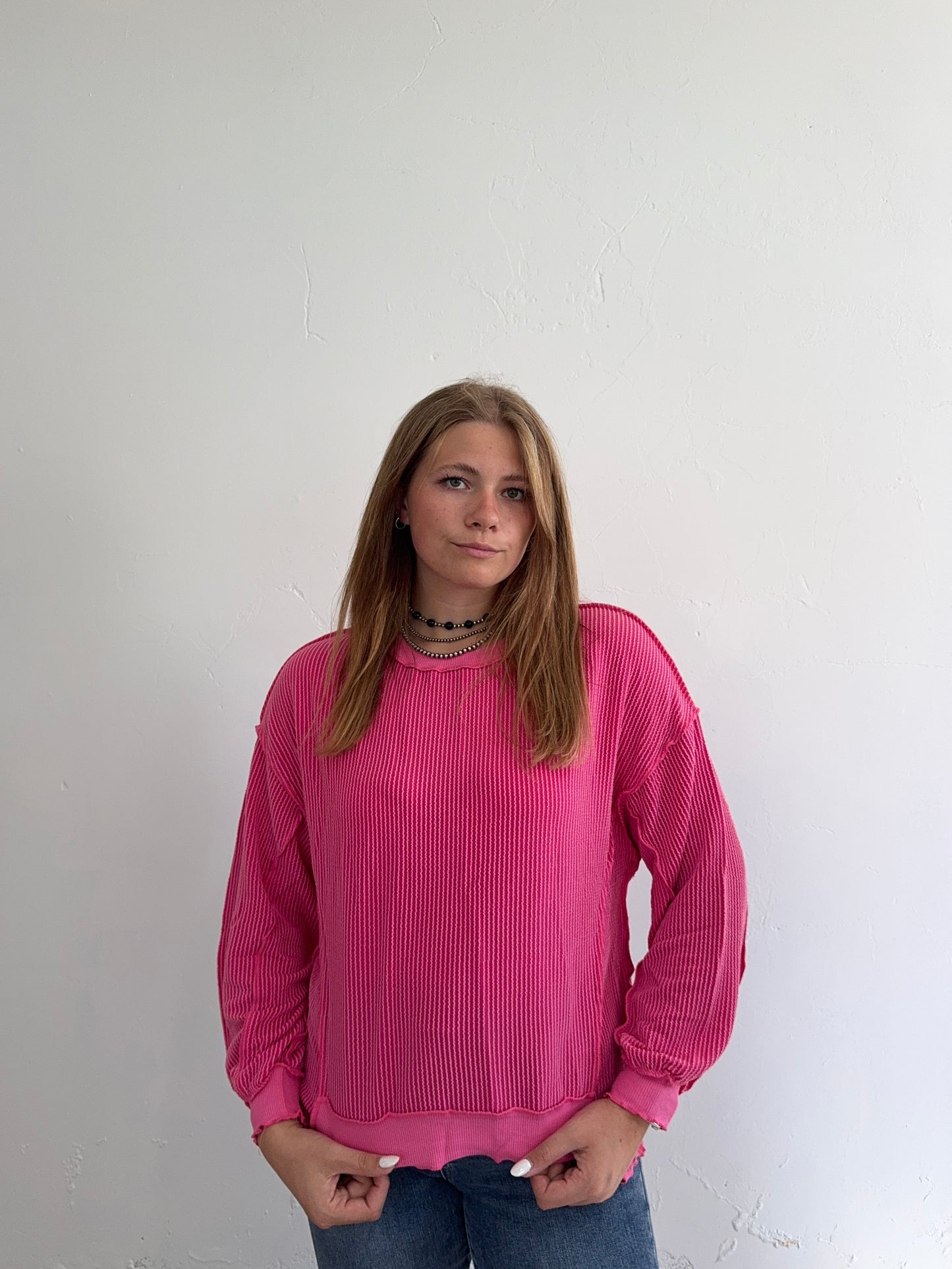 Hot Pink Ribbed Long Sleeve Top