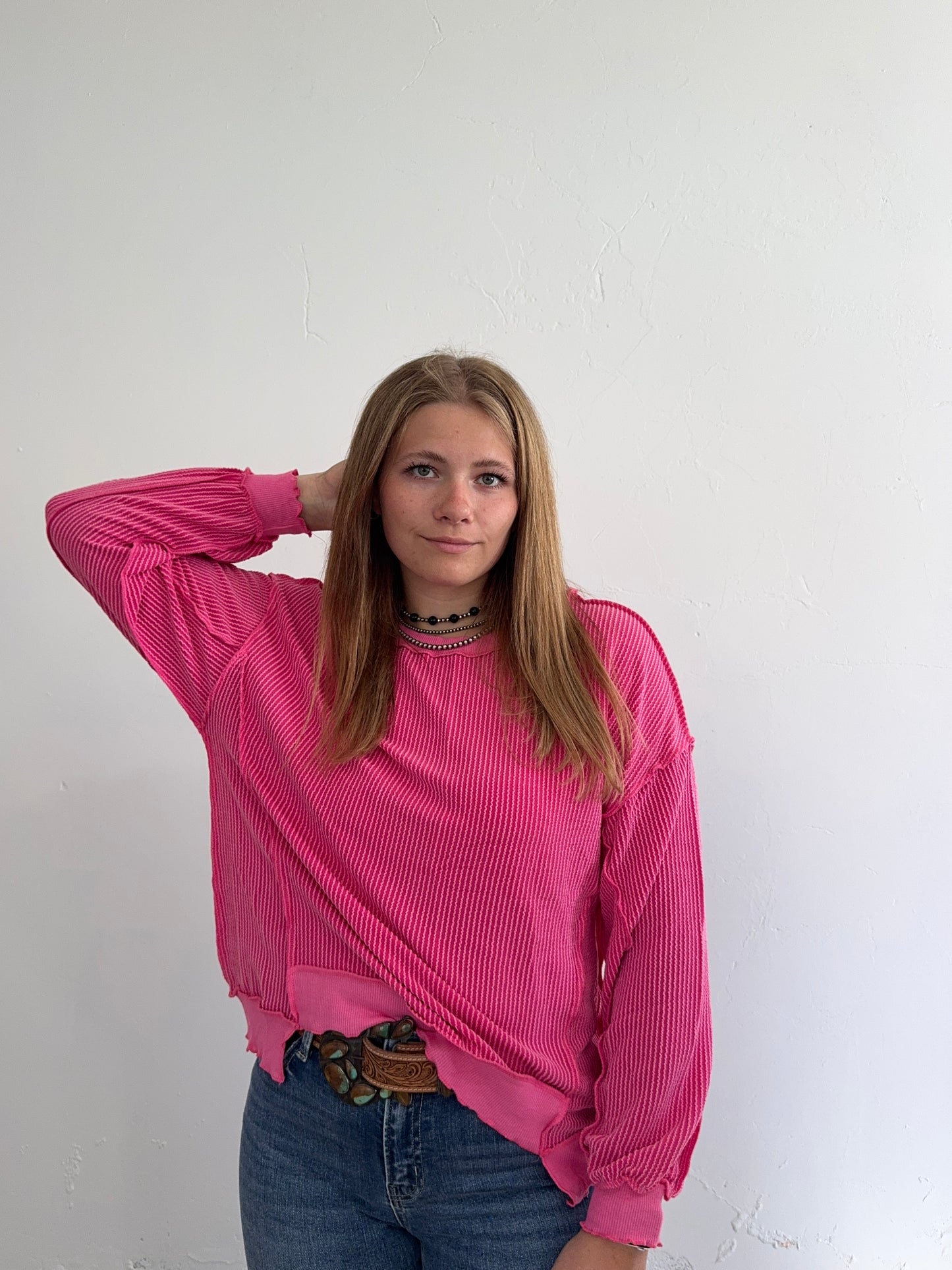 Hot Pink Ribbed Long Sleeve Top